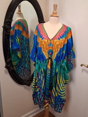 JOVIE Colorful V-Neck Kaftan With Draw-String Waist Tie One Size NWT  /B1